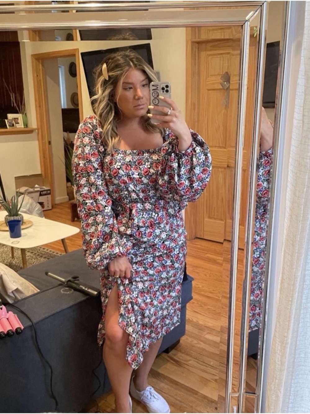 Boohoo Red Multi Floral Puff-Sleeve Midi Dress